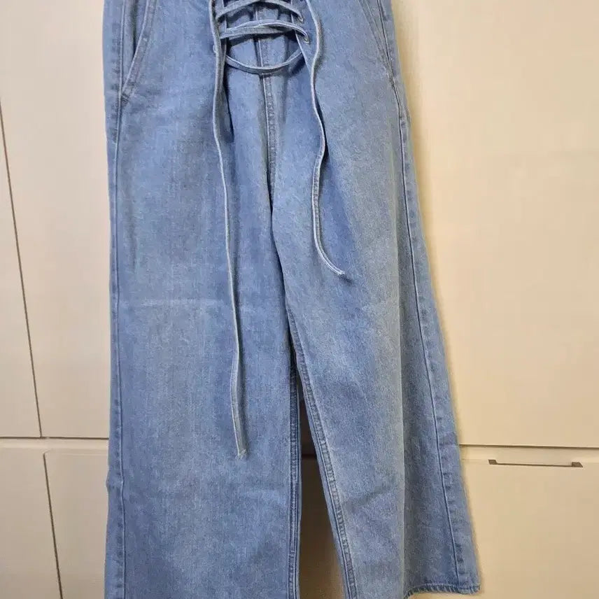 [BUNJANG] High-Waisted Lace-Up Detail Denim Wide Pants / 하이웨이스트 데님 와이드 팬츠