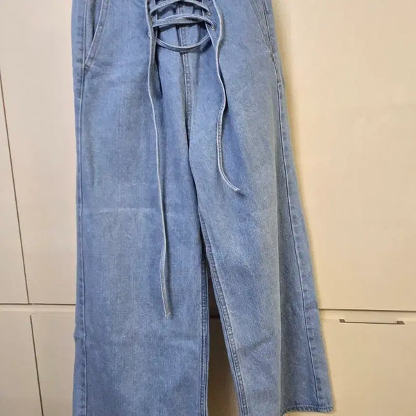 [BUNJANG] High-Waisted Lace-Up Detail Denim Wide Pants / 하이웨이스트 데님 와이드 팬츠