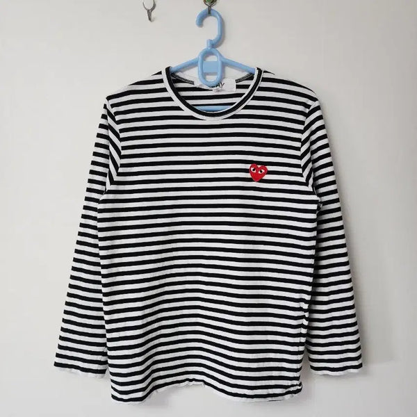 [BUNJANG] Comme des Garçons PLAY Striped Long Sleeve T-Shirt Red Heart / 꼼데가르송 플레이 스트라이프 긴팔티 레드와펜