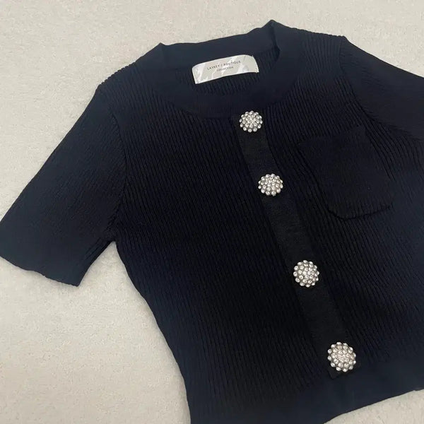 [BUNJANG] Leiki Boutique Black Cubic Button Short Sleeve Knit / 레이키부띠끄 블랙 큐빅 단추 반팔 니트