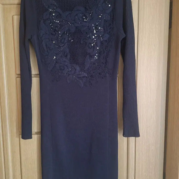 [BUNJANG] Objet Knit Dress Navy Embroidered Beaded / 오브제 니트 원피스
