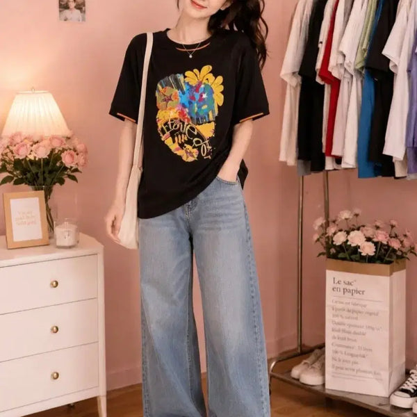 [BUNJANG] Women's Plus Size Printed Short Sleeve T-Shirt - Black / 여성 빅사이즈 프린팅 반팔티 블랙