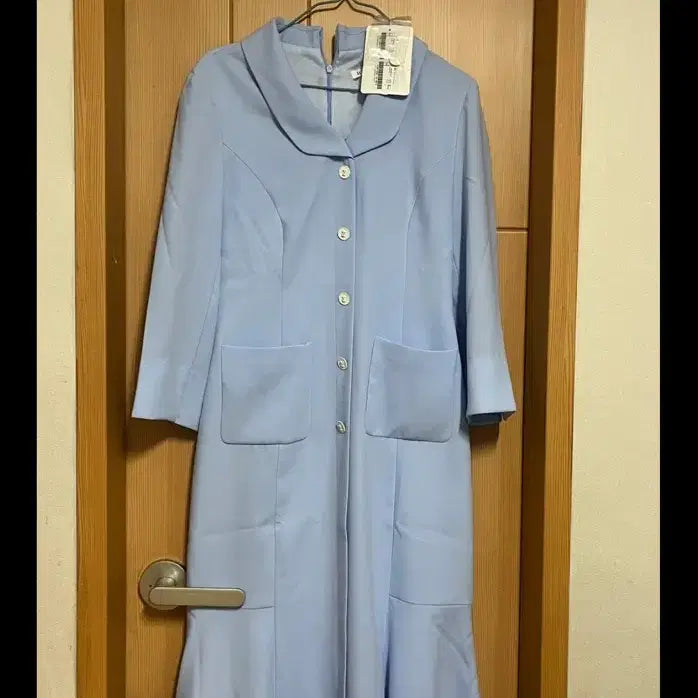 [BUNJANG] It's Marry Me Color Block A-Line Dress / 잇미샤 배색 a라인 원피스 하늘색 카라 160 55 케네스레이디 미샤 자라 지고트 샤틴 로엠 샹견례룩 피로연 치마