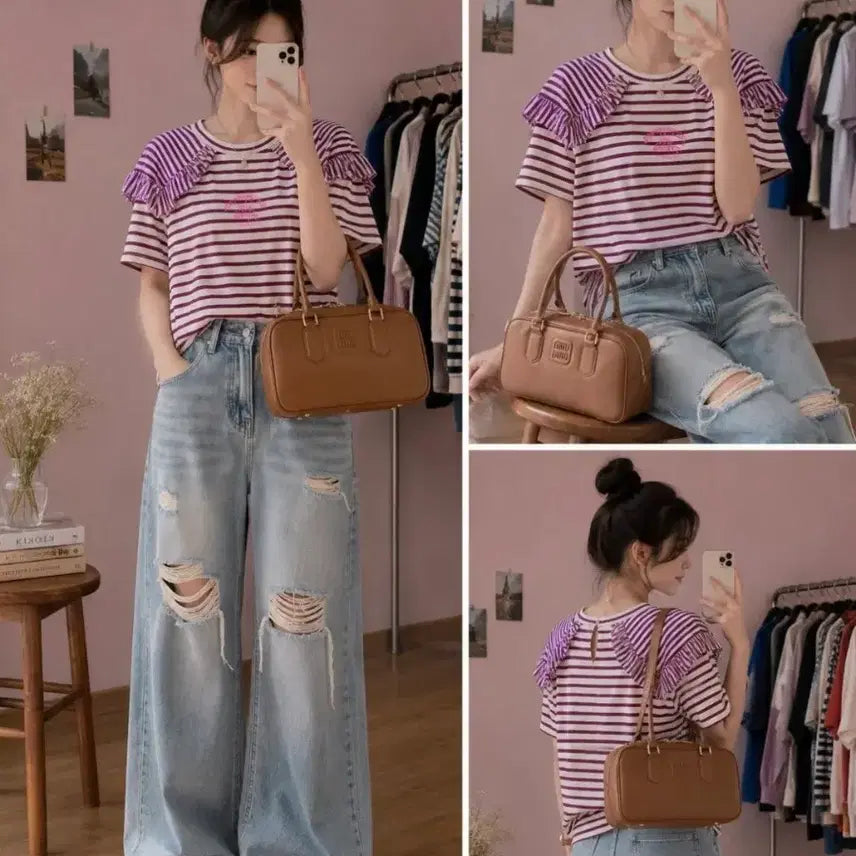 [BUNJANG] Striped Ruffle Short Sleeve T-Shirt - Purple / 단가라 프릴 반팔 티셔츠 퍼플