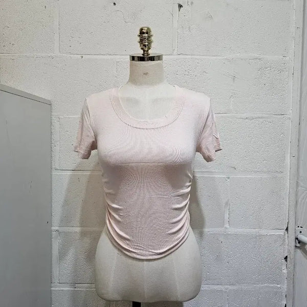 [BUNJANG] U-Neck Cropped T-Shirt with Side Shirring - Light Pink / 밑단u 옆셔링 크롭 유넥 무지 반팔- 연핑크