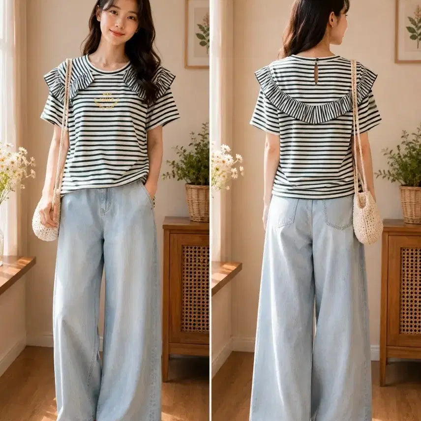 [BUNJANG] Stripe Ruffle T-Shirt Khaki / 단가라 프릴 티셔츠 카키