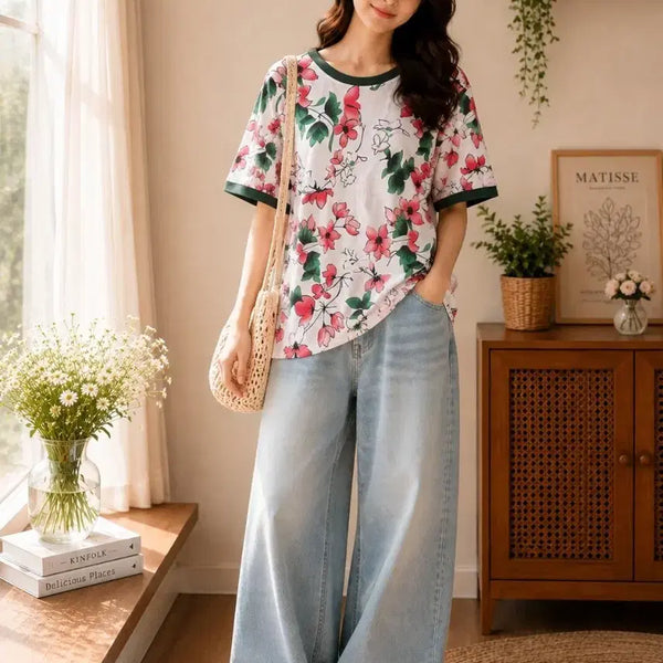 [BUNJANG] Flower Pattern Short Sleeve T-Shirt / 플라워 패턴 반팔 티셔츠