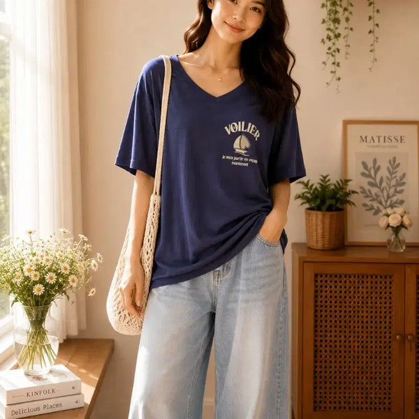 [BUNJANG] Navy V-Neck Printed Short-Sleeve T-Shirt / 네이비색 브이넥 프린팅 반팔 티셔츠