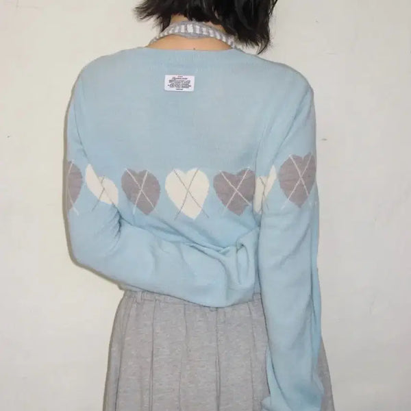 [BUNJANG] Ronron Heart Argyle Knit Cardigan Soft Blue / 론론 ronron 하트가디건 하트 아가일 니트 가디건 소프트블루 블루