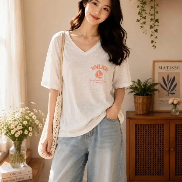 [BUNJANG] V-Neck Short Sleeve T-Shirt White / 브이넥 반팔 티셔츠 화이트