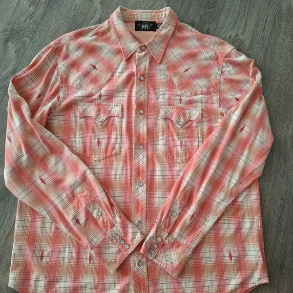 [BUNJANG] RRL Navajo Pattern Plaid Jersey Western Shirt Pink Check XL / XL RRL 나바호 패턴 플래드 저지 웨스턴 셔츠 핑크 체크