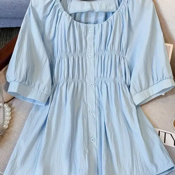 [BUNJANG] Sky Blue Shirring Square Neck Blouse / 하늘색 셔링 스퀘어넥 블라우스