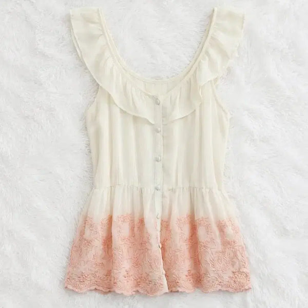 [BUNJANG] Vintage Japanese Chiffon Blouse with Butterfly Fit, Frills, and Embroidery / 일본 빈티지 나비핏 쉬폰 프릴 자수 블라우스 아오이유우 하구미