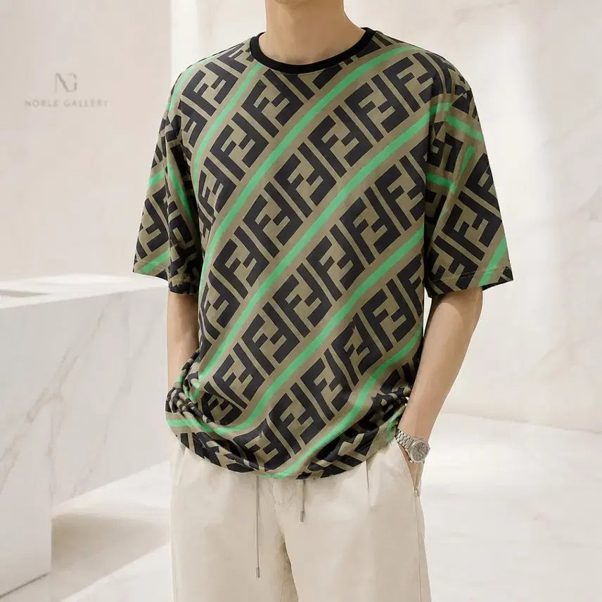 [BUNJANG] Fendi FF Logo Short Sleeve T-Shirt Brown/Green XXL / [정품/한정판] 펜디 FF 로고 반팔 티셔츠 XXL / 110