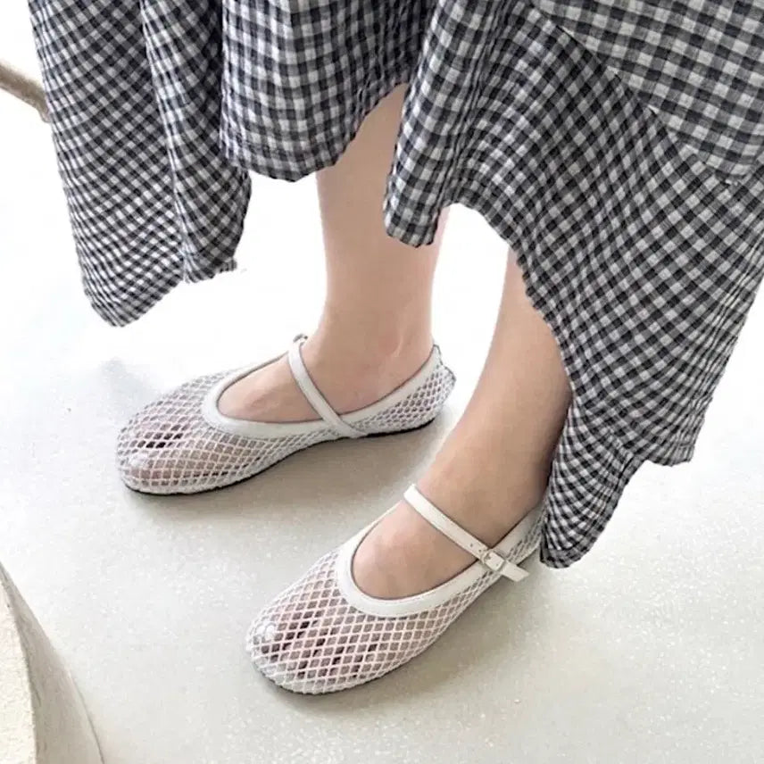 [BUNJANG] Mesh Flat Shoes (Ivory) - Size 230 / 새상품 스트랩 망사플랫 (아이보리) 230사이즈 판매