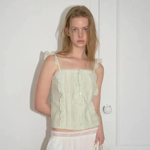 [BUNJANG] Soft Seoul Sleeveless Lace Tank Top Mint / 소프트서울 softseoul 슬리브리스 나시 민트 나시 탑 lace 레이스나시 자라 휴양지룩 여행 휴양지