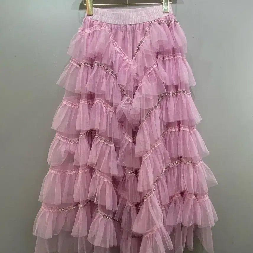 [BUNJANG] Jeweled Tiered Chiffon Skirt / 새제품 보석장식 캉캉샤스커트 파티공연연주무대댄스