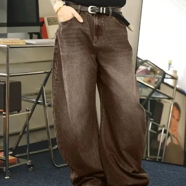 [BUNJANG] Brown Washed Wide Denim Pants / 브라운 워싱 와이드 데님 팬츠