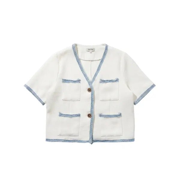 [BUNJANG] Women's White V-Neck Short Sleeve Jacket / 여성F/ 화이트 브이넥 반팔자켓 37-141