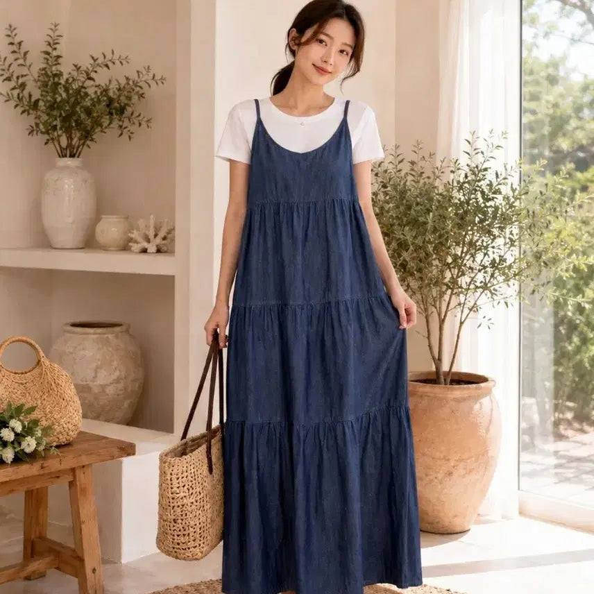 [BUNJANG] Denim Bustier Long Dress / 데님 뷔스티에 롱 원피스