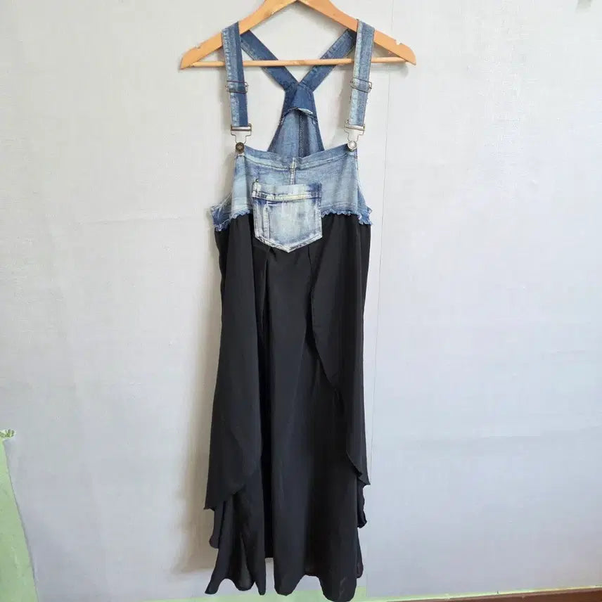 [BUNJANG] Chiffon Denim Patchwork Strap Dress / 여성 청 데님 배색 멜빵 쉬폰  원피스 M JJ3322