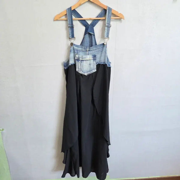 [BUNJANG] Chiffon Denim Patchwork Strap Dress / 여성 청 데님 배색 멜빵 쉬폰  원피스 M JJ3322
