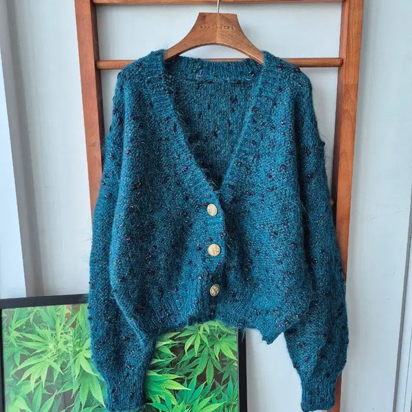 [BUNJANG] Japanese Vintage Teal Mohair Cardigan with Gold Buttons / (JPN VTG)일본빈티지 청록색 헤어리 금장 단추 가디건