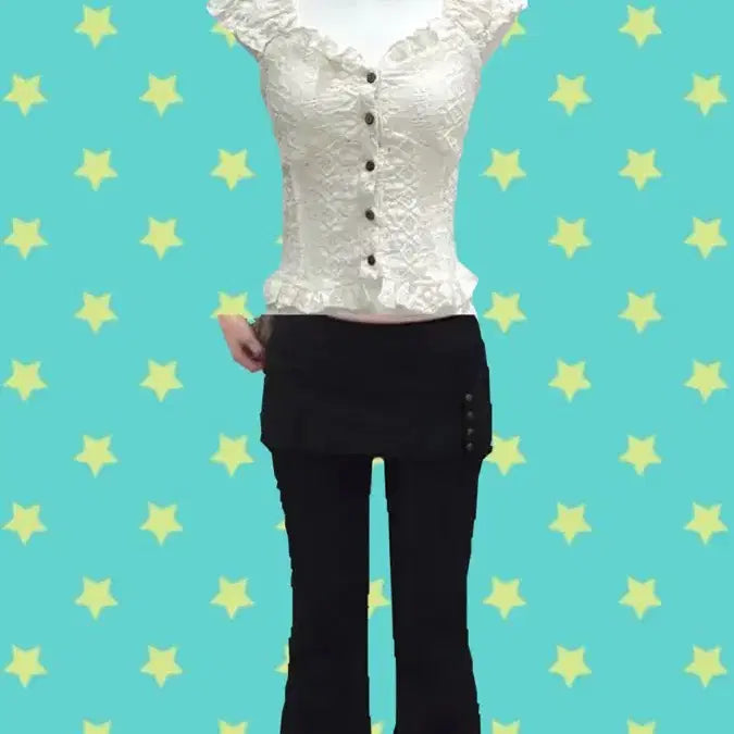 [BUNJANG] Vintage Rose Punch Lace Blouse & Bootcut Skirt Pants Set / 빈티지 로즈펀칭 레이스 블라우스나시 부츠컷 치마바지