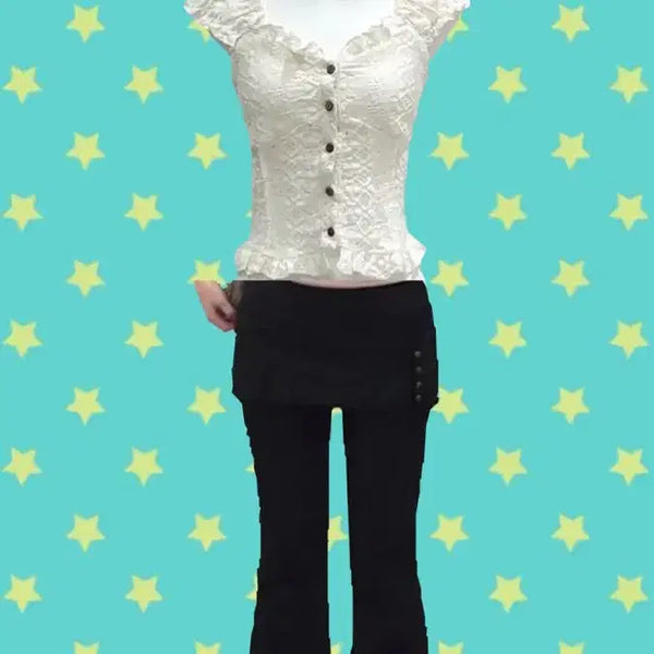 [BUNJANG] Vintage Rose Punch Lace Blouse & Bootcut Skirt Pants Set / 빈티지 로즈펀칭 레이스 블라우스나시 부츠컷 치마바지