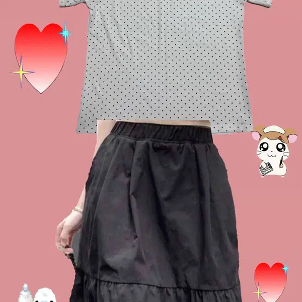 [BUNJANG] Dot Short Sleeve Top, Mori Girl Style Burgundy Skirt, Handbag Set / 도트반팔 빈티지 모리걸st치마 버건디 핸드백