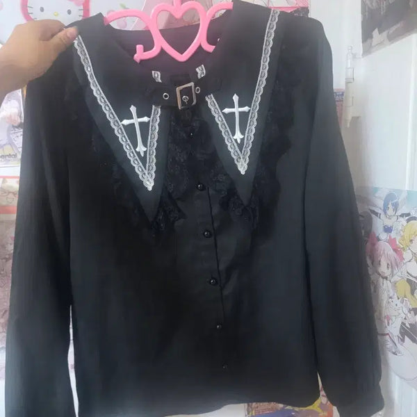[BUNJANG] Majolica Cross Blouse - Black / 마죠리타 십자가 블라우스블랙