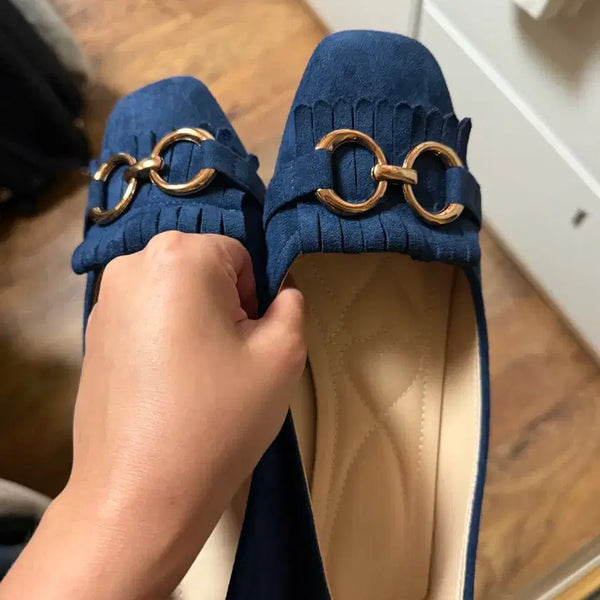 [BUNJANG] Navy Suede Loafers with Gold Hardware / 네이비 스웨이드 로퍼 금장 장식