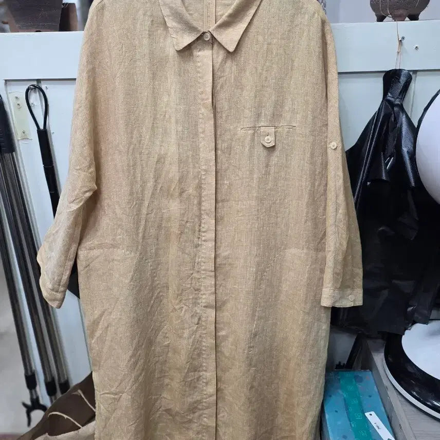 [BUNJANG] Linen Long Shirt Dress - Beige / 린넨 롱 셔츠 원피스 베이지