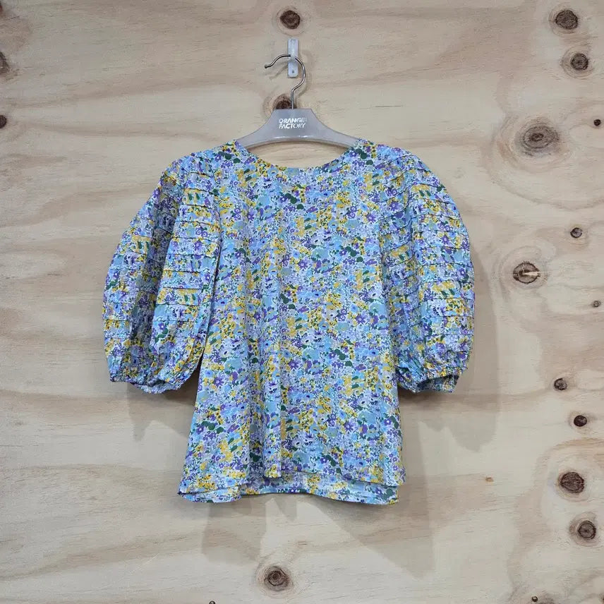 [BUNJANG] Puff Sleeve Short Sleeve Blouse - Flower Pattern / 1066) 퍼프소매 반팔 블라우스