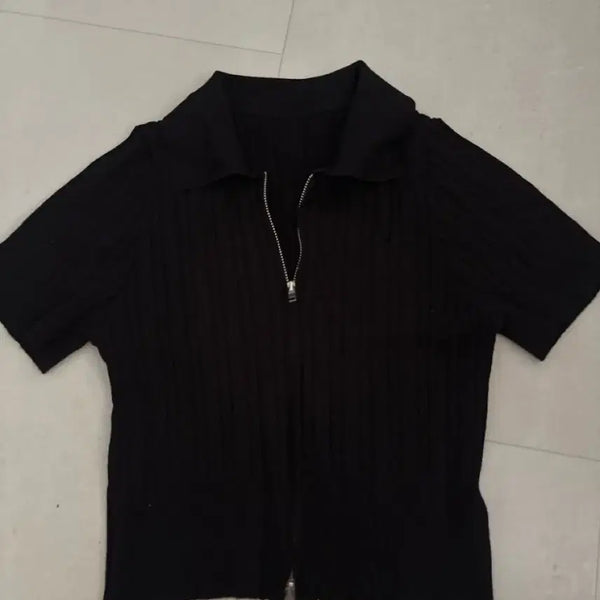 [BUNJANG] Twist Pattern Short-Sleeve Zip-Up Knit / 꽈배기 무늬 반팔 집업