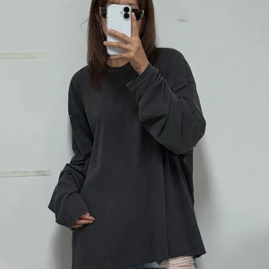 [BUNJANG] Recto Overlay Long Sleeve T-Shirt Charcoal Grey / 렉토 오버레이 롱슬리브 티셔츠 차콜 그레이