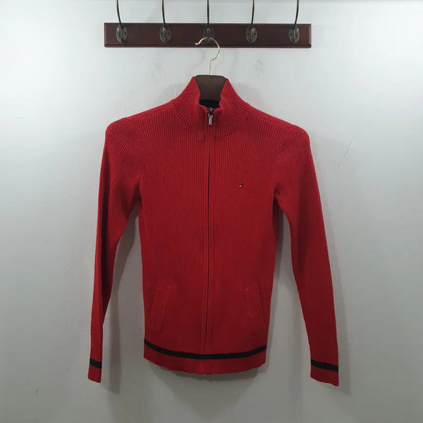 [BUNJANG] Tommy Hilfiger Women's Red Cotton Knit Full Zip Jacket / S 타미힐피거 여성 레드 면 니트 풀집업 자켓