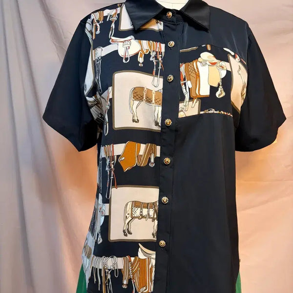 [BUNJANG] High Quality Black Print Blouse - Large (77) / [새상품] 고퀄  블랙 에르 말 프린팅 블라우스 77 라지
