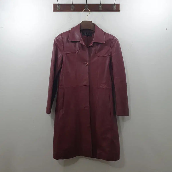 [BUNJANG] JACKER'S Women's Burgundy 100% Lambskin Leather Midi Coat Jacket / 66 JACKER'S 여성 버건디 양가죽100% 레더 미디 코트 자켓