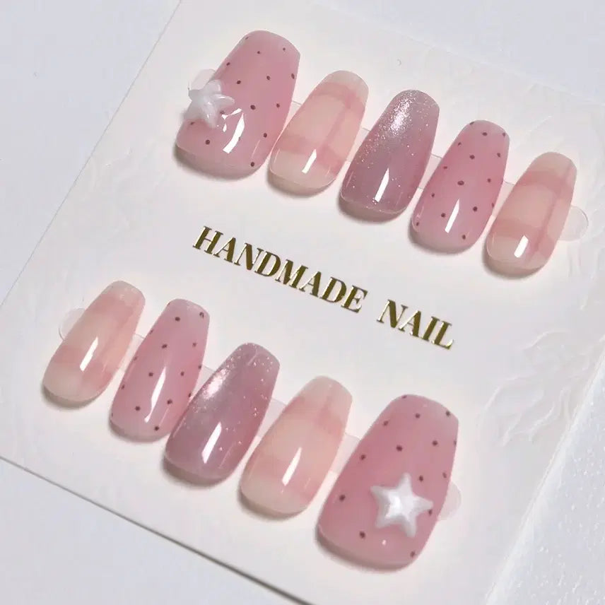 [BUNJANG] Custom Handmade Pink Dot Check Nail Tips Set / 핑크 도트 체크 네일 (주문제작)