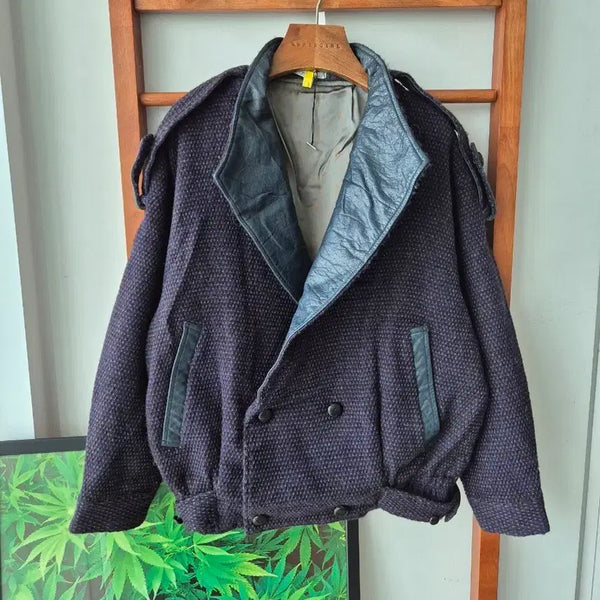 [BUNJANG] Imported Vintage Leather Combination Purple/Black Blend Bomber Jacket / (JPN VTG)수입빈티지 가죽배색 퍼플/블랙 혼방 봄버자켓