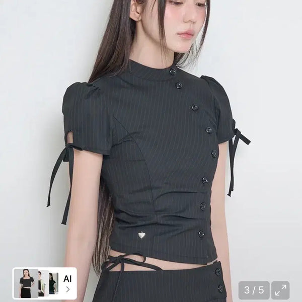 [BUNJANG] Illico China Button Collar Top Black Stripe / 일리고 차이나 버튼 카라 탑 블랙 스프라이트