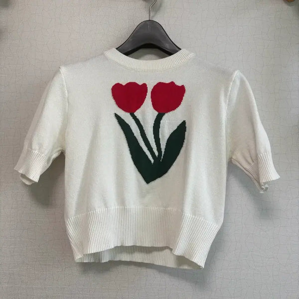 [BUNJANG] Tulip Crop Short Sleeve Knit / 튤립 크롭 반팔 니트