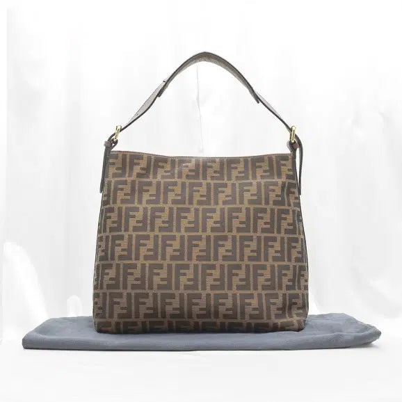 [BUNJANG] Fendi FF Logo Zucca Jacquard Brown Leather Trim Hobo Shoulder Bag / Fendi(펜디) 8BR698 FF로고 쥬카 자가드 브라운 레더 트리밍 금장 호보 숄더백
