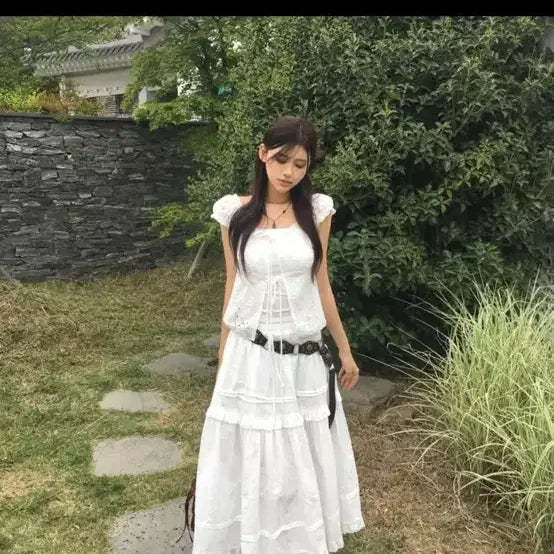 [BUNJANG] White Lace Ruffle Long Skirt / 새상품 에이블리 화이트 레이스 프릴 롱 스커트 롱치마 (미착용)