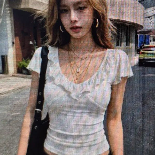 [BUNJANG] Frill Short Sleeve T-Shirt White / (해외배송)프릴 반팔 티 화이트