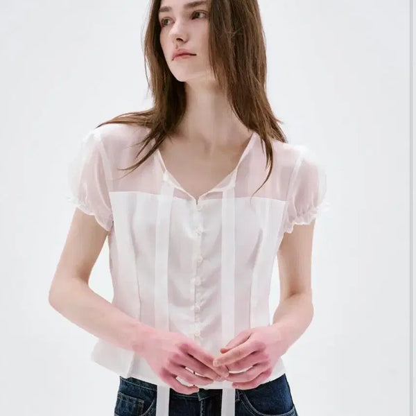 [BUNJANG] Le Vein Amelia See-through Tie Blouse White Ivory / 르베인 아멜리아 시스루 타이 블라우스 화이트 아이보리