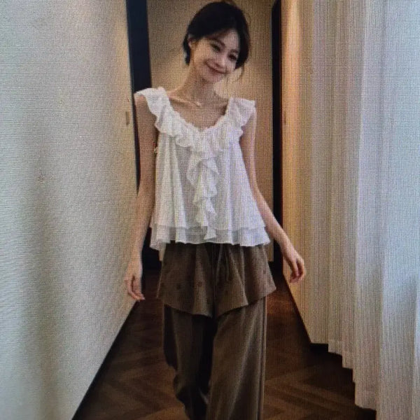 [BUNJANG] White Sleeveless Frill Blouse / (해외배송)화이트 민소매 프릴 블라우스