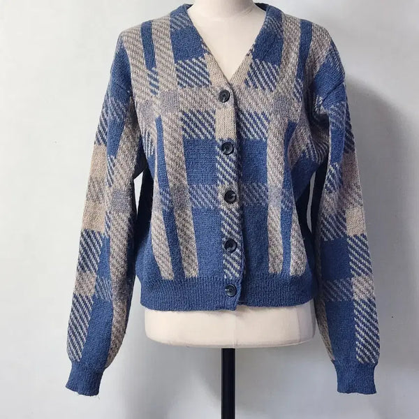 [BUNJANG] MAGJAY Blue Check Alpaca Blend V-Neck Cardigan / 매그제이 블루 체크 알파카 혼방 브이넥 가디건 Free