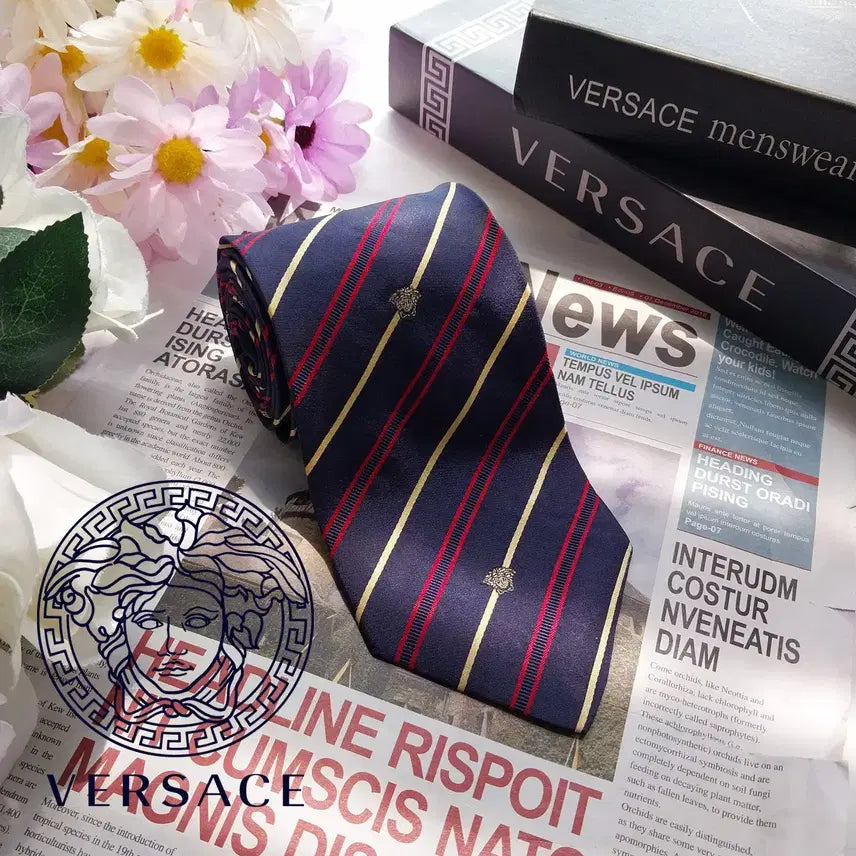 [BUNJANG] Versace Medusa Stripe Silk Necktie / 베르사체 네이비 스트라이프 메두사 넥타이 9.1cm A+등급 K3282